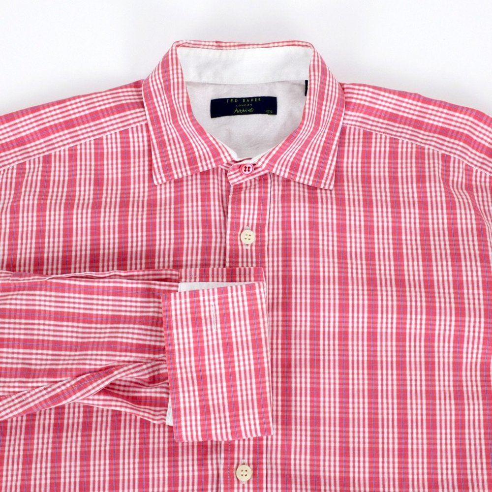 Ted Baker London Archive Red Plaid Long Sleeve Button Up Shirt 15.5 French Cuffs